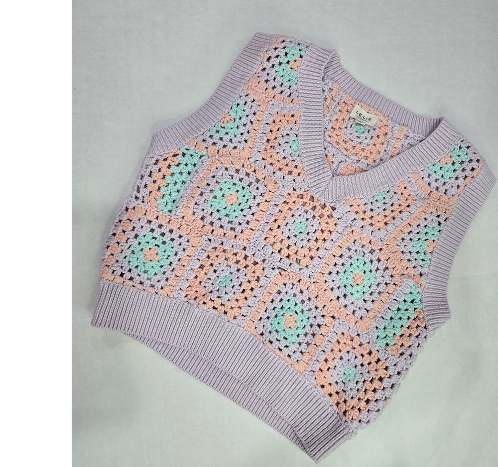 LELIS Crochet Granny Square Sweater Vest L Pastel Lavender Mint Peach Boho